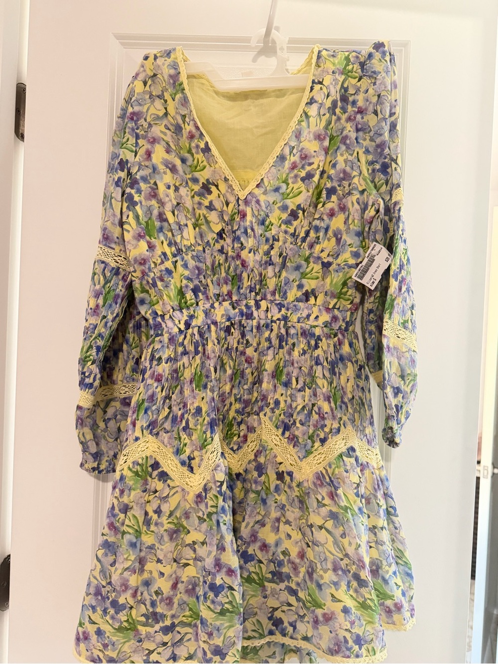 Allison Brittney Yellow Floral V-Neck Lace-Trim Dress